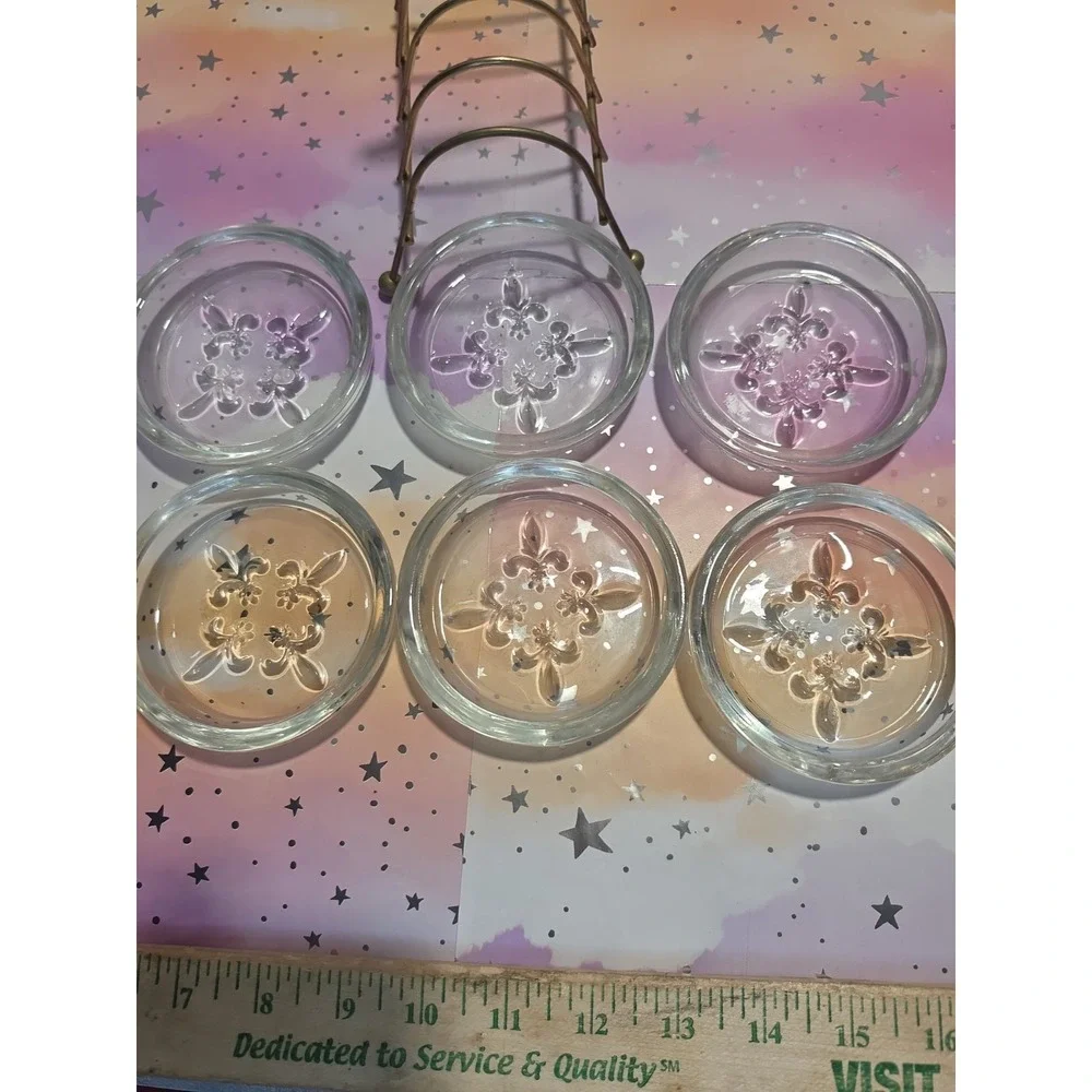 Vintage Princess House Clear Glass Fleur-de-lis Coaster Set Of Six Brass Caddy